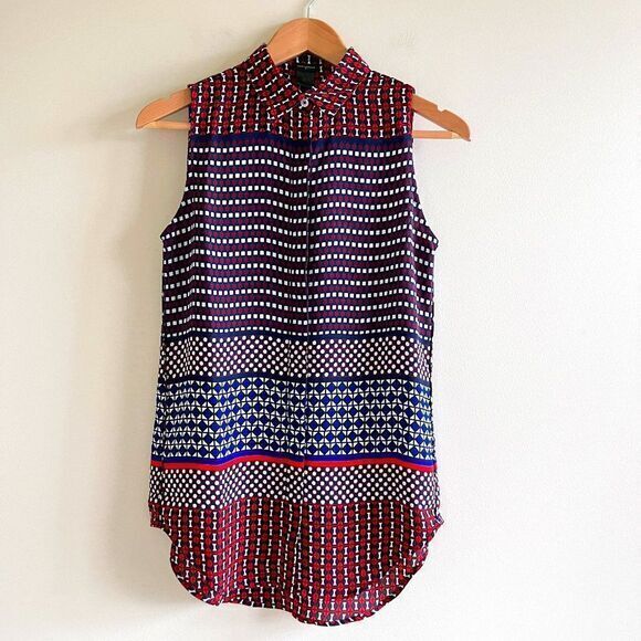 ANN TAYLOR BUTTON FRONT TANK TOP PRINTED WOMENS SIZE XS SEMI SHEER COLLARED NECK - Picture 1 of 7